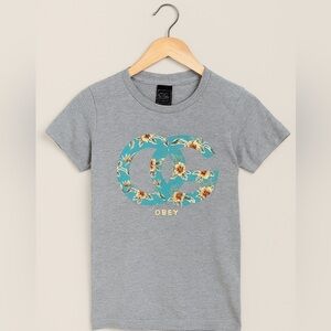 OBEY Women’s Gray Floral Logo T-Shirt Size Small Streetwear Meets Feminine Style